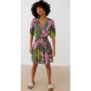 NWT Oliver Bonas Palm Print Mini Dress UK8 US4 Pink Green Metallic Resort